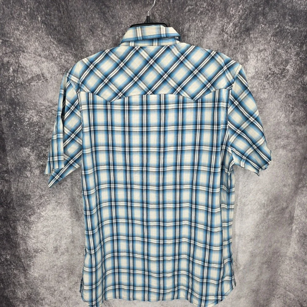 True Religion Western Shirt Mens XL Blue Plaid Pearl Snap Cowboy Rodeo Sawtooth*